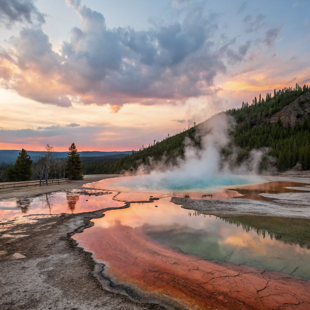 Sonnenaufgang am Grand Prismatic Spring